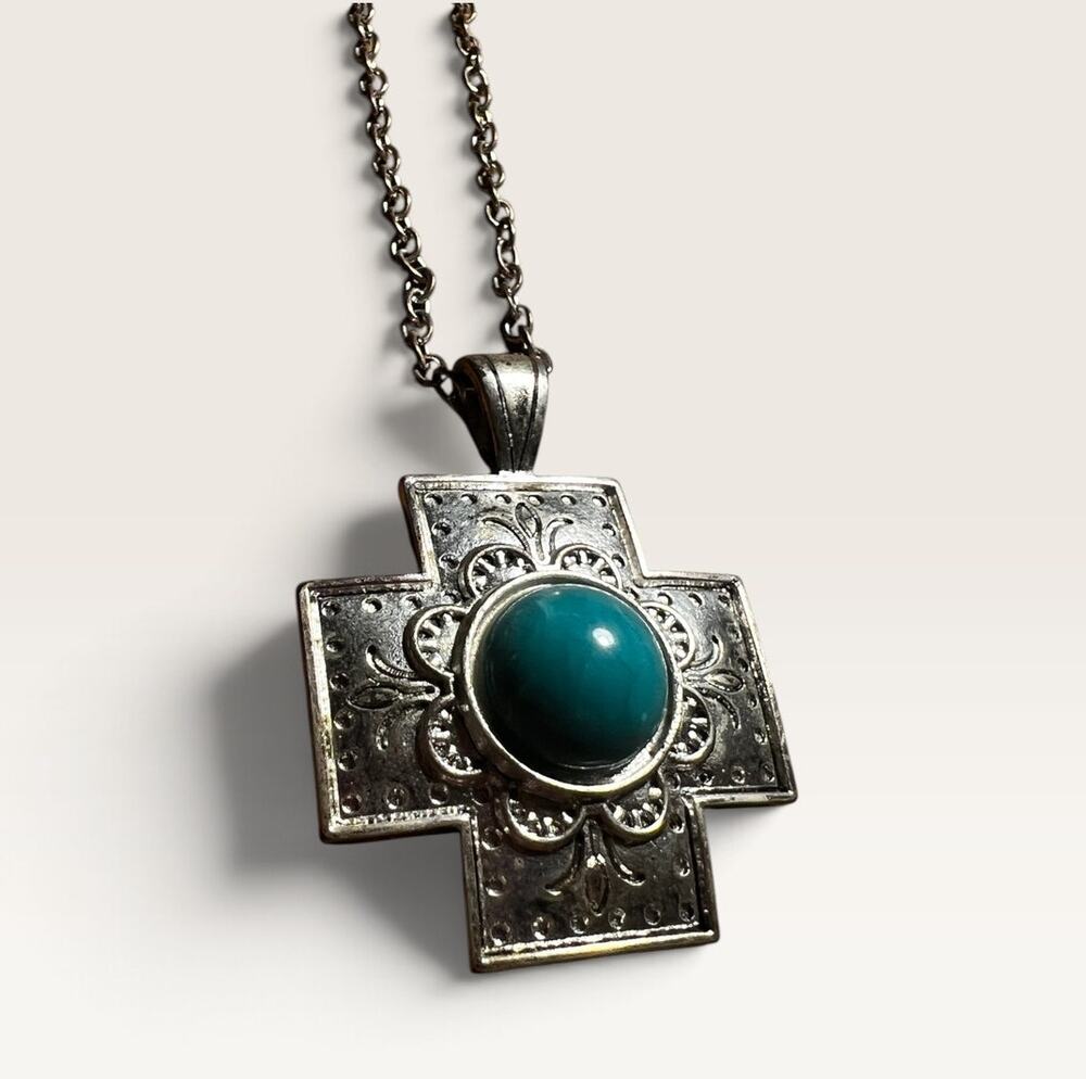 Southwestern Style Silver-Tone Cross Pendant Necklace, Turquoise-Color Stone